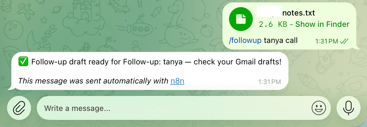 Triggering the /followup command in Telegram, with identifying details redacted