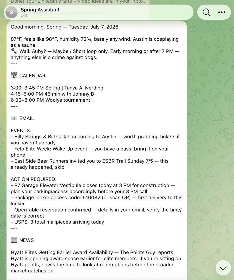 Screenshot of the AI morning brief in Telegram showing weather, calendar, and email sections