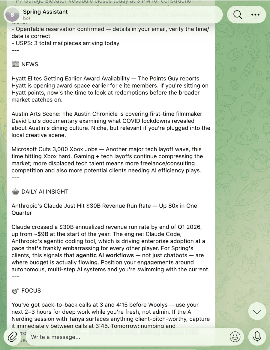 Screenshot of the AI morning brief in Telegram showing news and daily AI insight sections