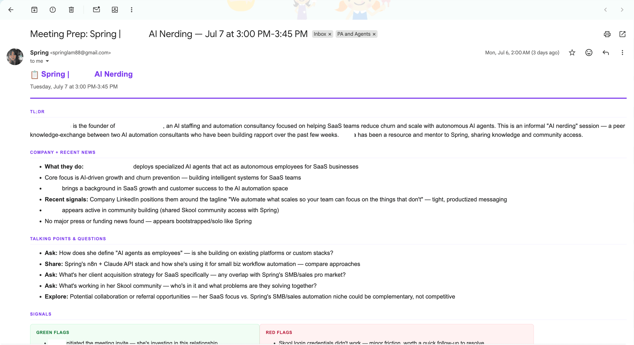 The meeting prep briefing that lands in Gmail, with identifying details redacted